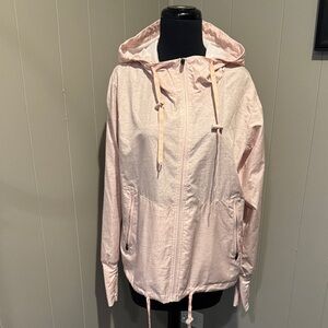 Zyia blush pink gray print zipper front drawstring hoodie rain jacket. Medium.